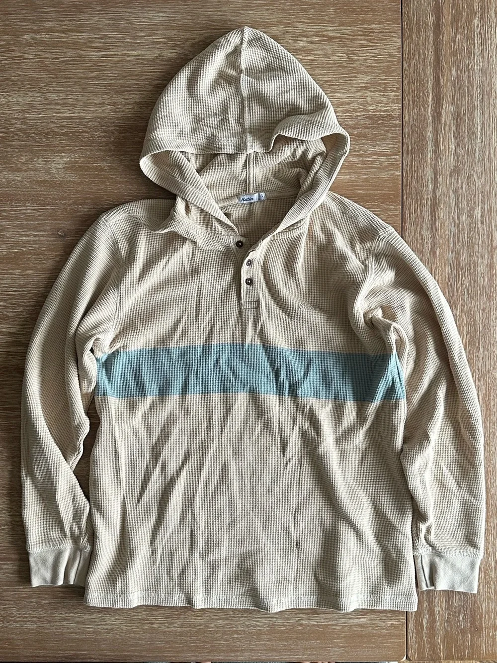 Karin’s Boys Hooded Thermal Shirt in Beige with Light Blue Stripe